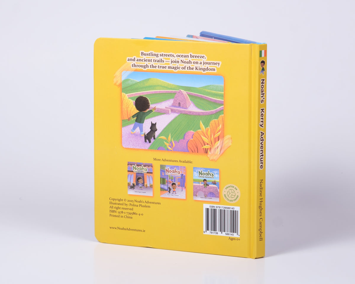 The back cover and spine of a children's hardcover book titled 'Noah's Kingdom Adventure' by Noah's Kitchen Adventures, featuring a bright yellow cover with an illustration of a child and dog on a path.